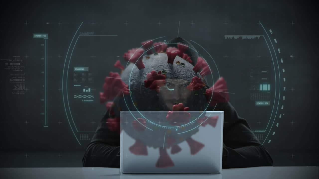 animación de un hacker encapuchado sobre una célula de coronavirus covid-19 flotando