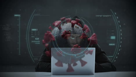 animación de un hacker encapuchado sobre una célula de coronavirus covid-19 flotando