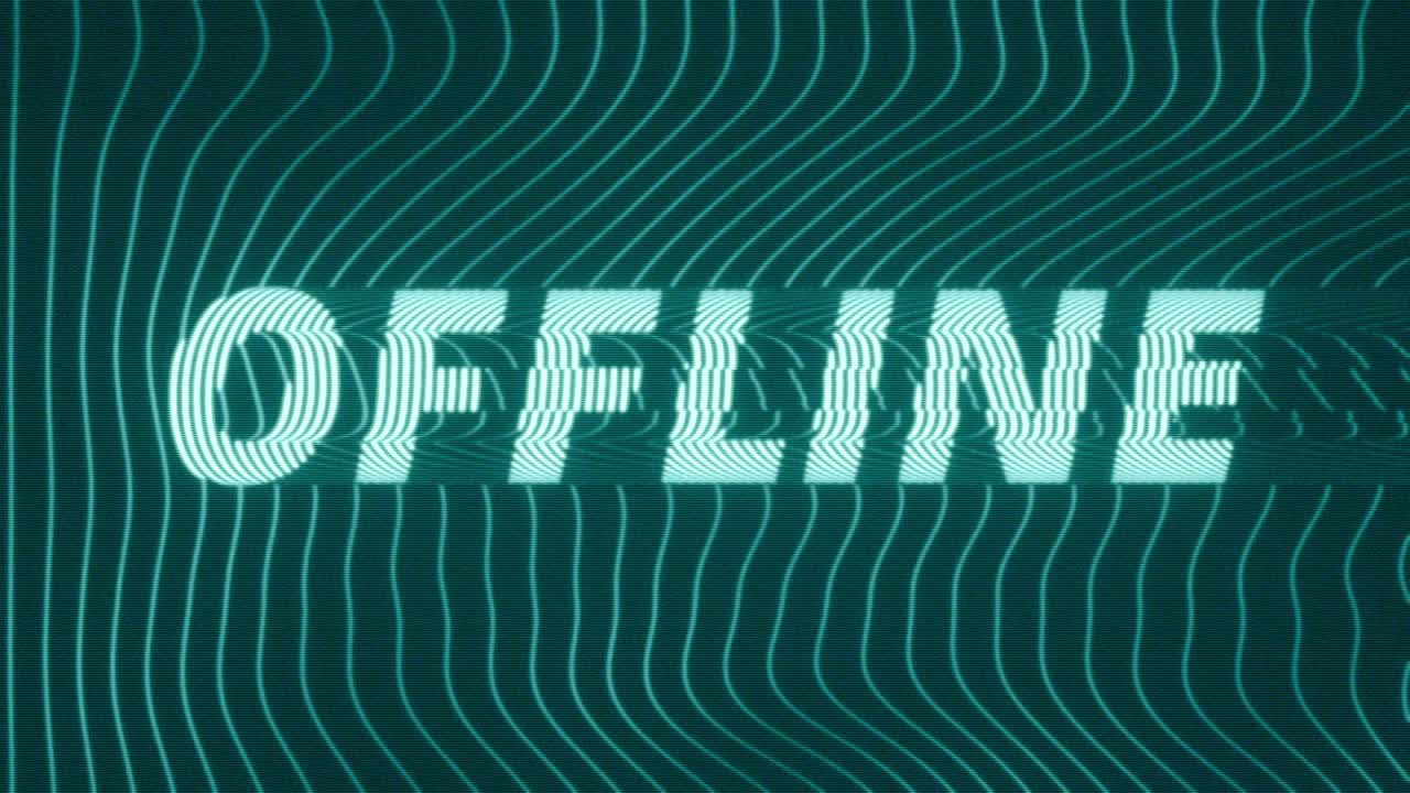 Concetto di connettività animato con testo 'Offline' glitchato su uno sfondo blu scuro, con linee ondulate al neon fluttuanti e sottile distorsione digitale.