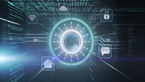 Animation of scope scanning and digital icons, data processing over digital screen