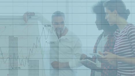 Animation-of-graphs-with-changing-numbers,-diverse-coworkers-discussing-strategy-on-whiteboard