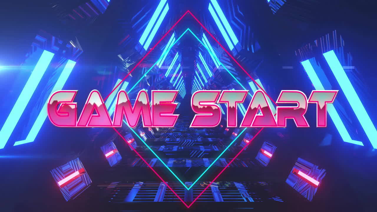 Game Start text animation over neon-lit futuristic tunnel background