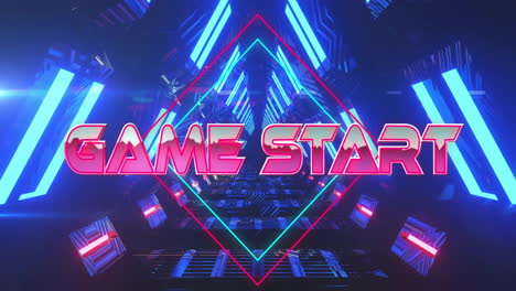 game start text animation over neon-lit futuristic tunnel background