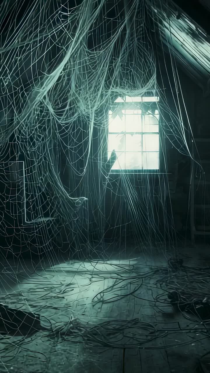 Vertical video: At start, camera capturing cables in loft beneath lit window with bird silhouette