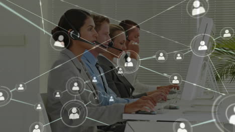 Animation-of-network-of-connections-over-diverse-colleagues-using-phone-headsets-in-office