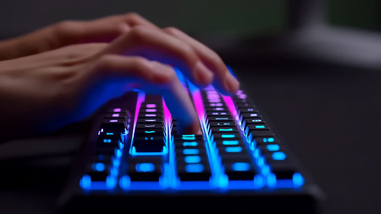 Closeup Hands On Rgb Keyboard, Fast Typing With Neon Backlight, Streamer Setup In Dark Studio, Focused Fingers