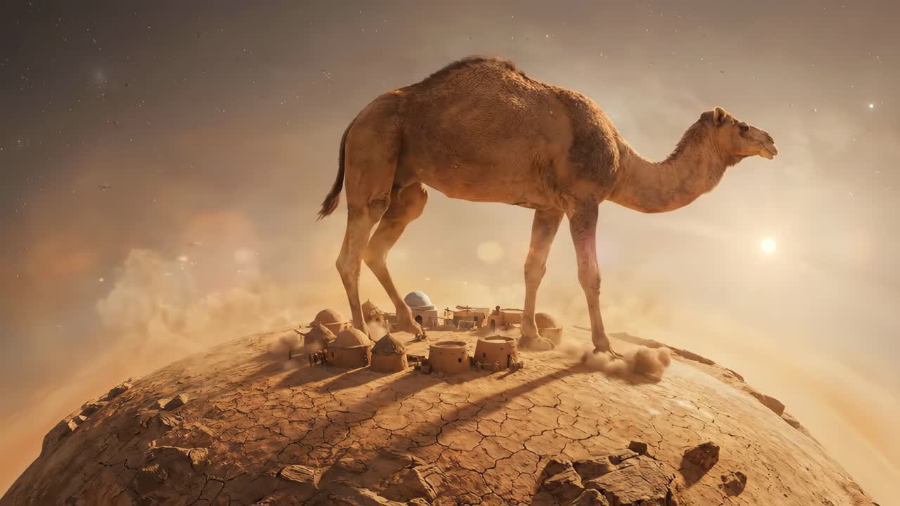 Cammello gigante che cammina su un pianeta deserto in miniatura con villaggio