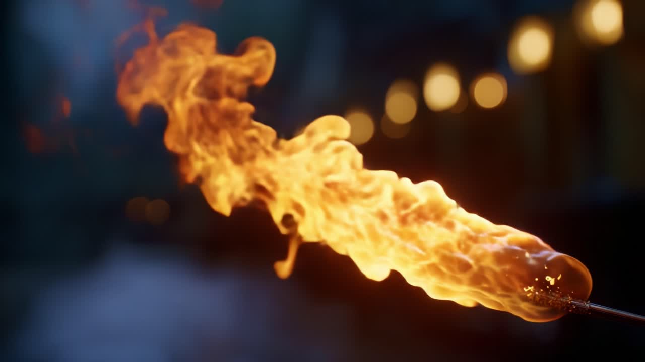 Fiamme danzanti intense che emanano da una torcia accesa che illumina l'oscurità con vivaci tonalità di arancione e giallo in una scena mistica catturata in video