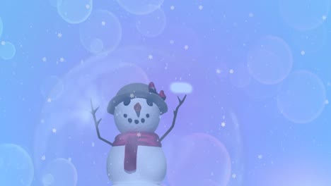 Animation-of-snow-falling-over-snowman-in-a-snow-globe-against-spots-of-light-on-blue-background