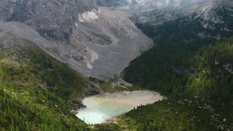 aerial view of lake sorapis in the dolomites