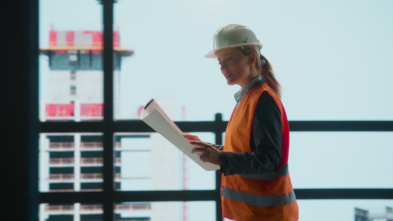 Female Engineer Reviewing Blueprints at a Construction Site