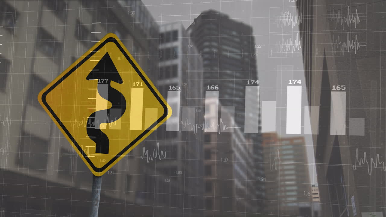 도로 표지판과 도시 풍경에 대한 금융 데이터 처리의 애니메이션