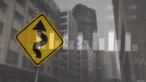 Animation of financial data processing over road sign and cityscape
