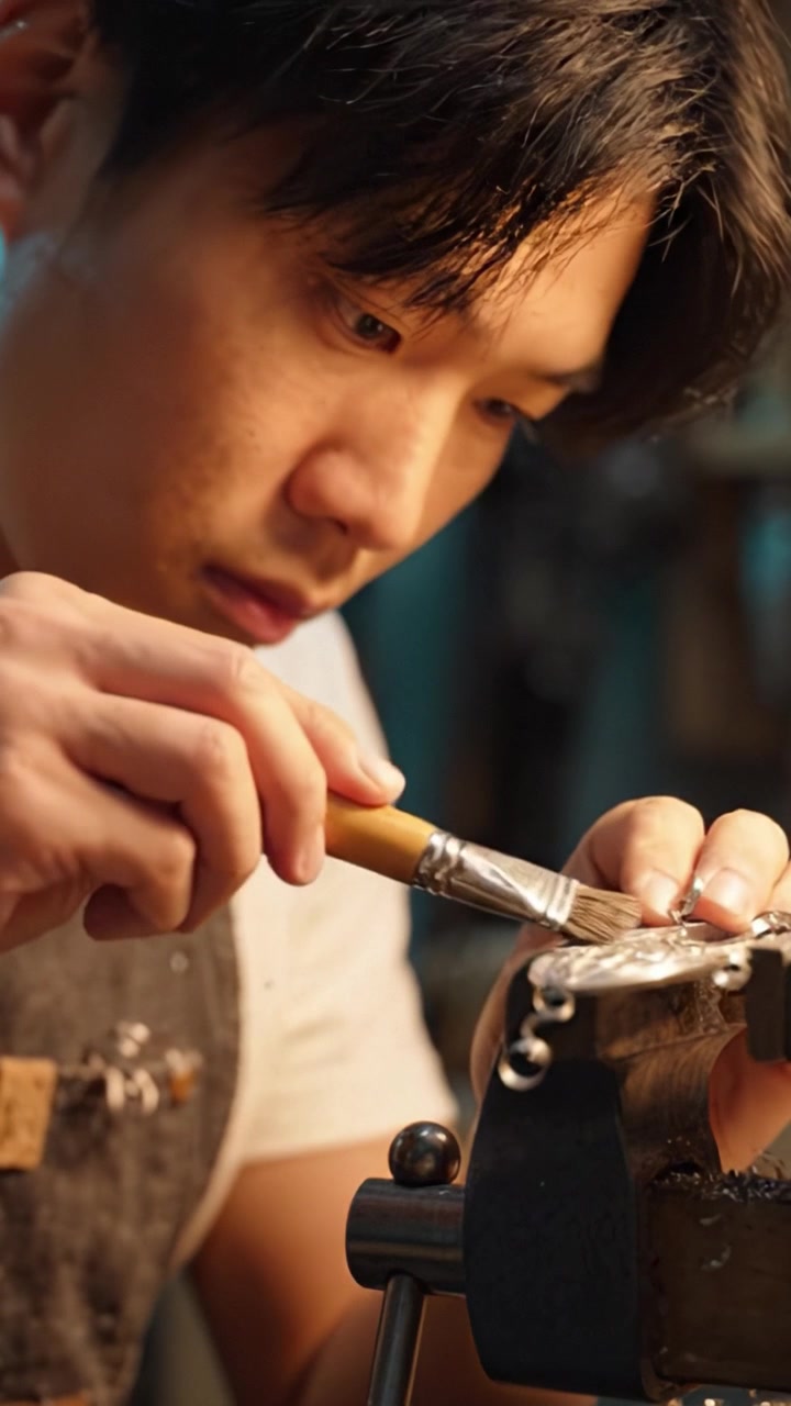 設備の整った工房環境で、熟練の精密さで宝飾品を形作り磨き上げながら、精密な金属細工に集中する職人。