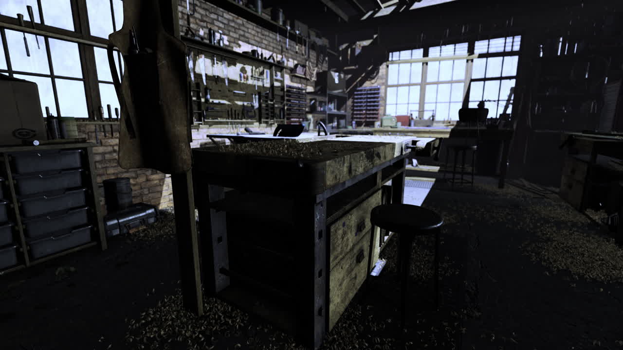 Craftsmanship displayed in an abandoned workshop filled with sunlight and dust