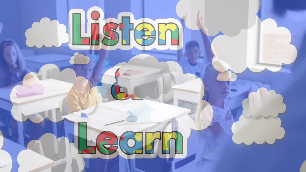 Animation of listen and learn text and school bus icon over diverse teacher and schoolchildren