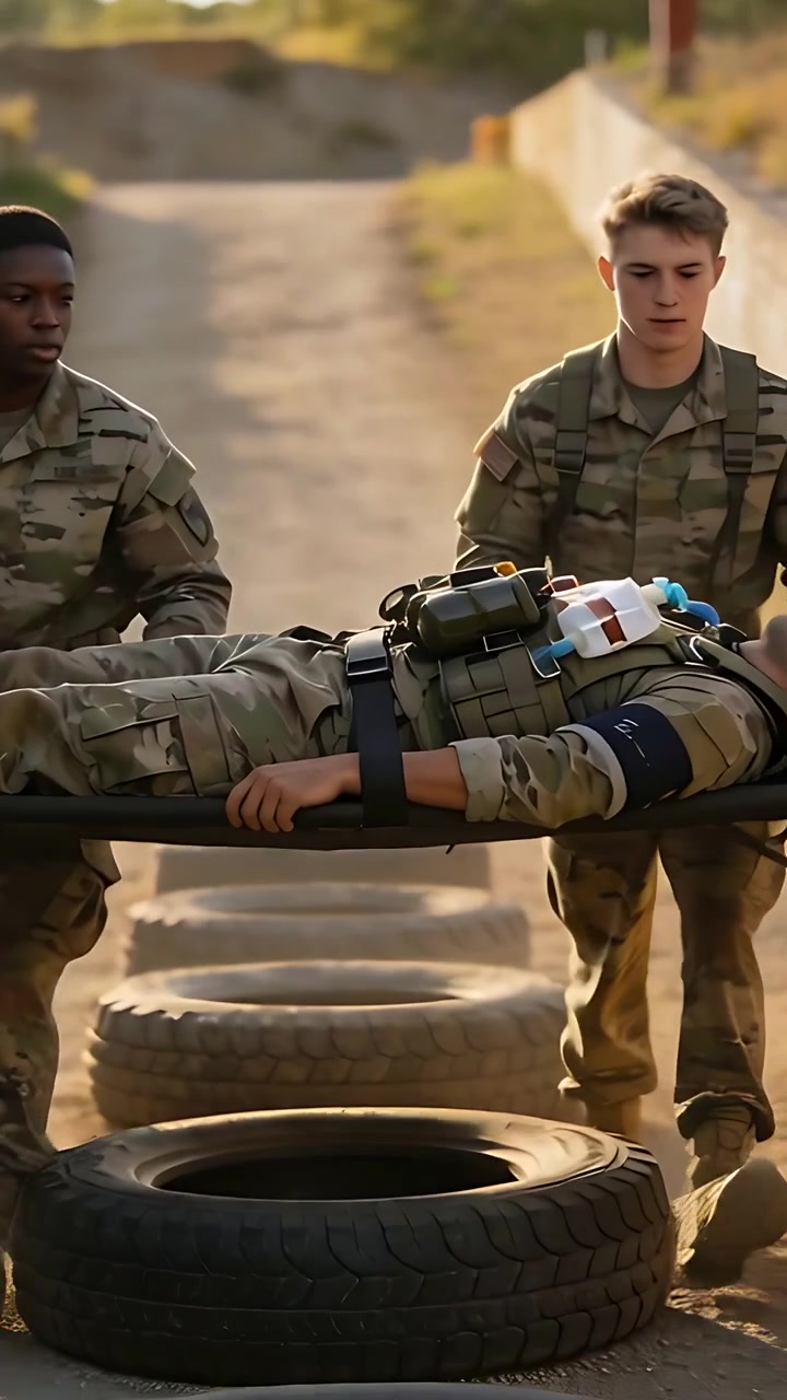 Video verticale: Inizio di un'esercitazione, truppe in mimetica che trasportano una barella con attrezzatura medica sopra pneumatici su un percorso.