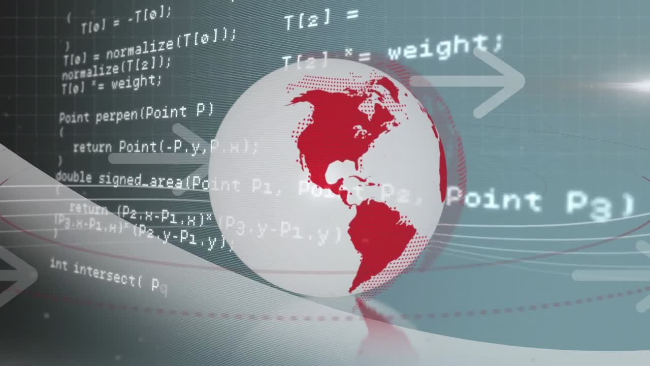 animación del lenguaje informático sobre el globo y las flechas hacia arriba contra un fondo abstracto.