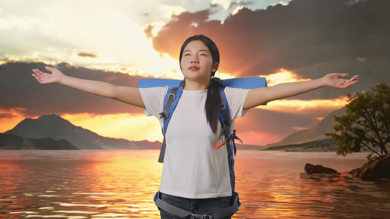 Happy Woman Traveler at Scenic Sunset View