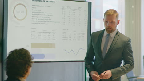 businessman giving presentation to colleagues at meeting