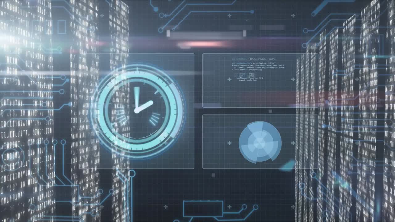 Animation of data processing with scope scanning with clock on black background