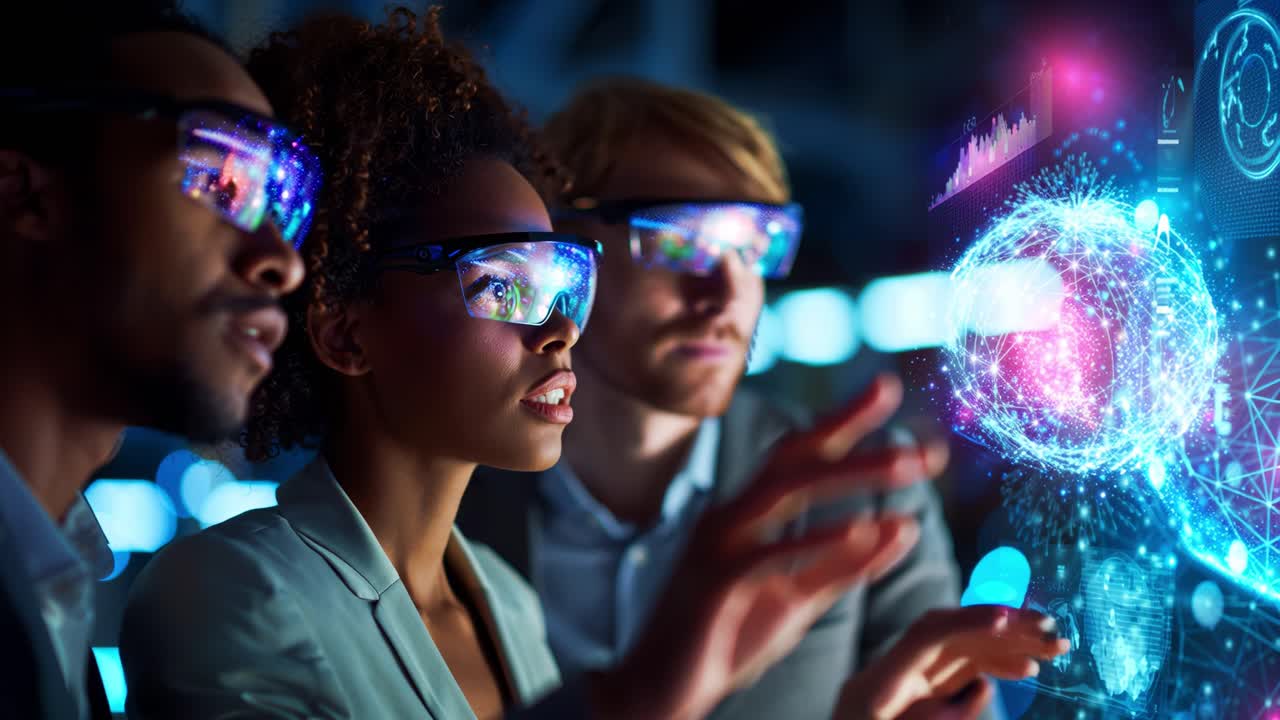 A diverse group of individuals wearing advanced augmented reality glasses engage with interactive holographic technology, analyzing digital data visualizations and futuristic graphics