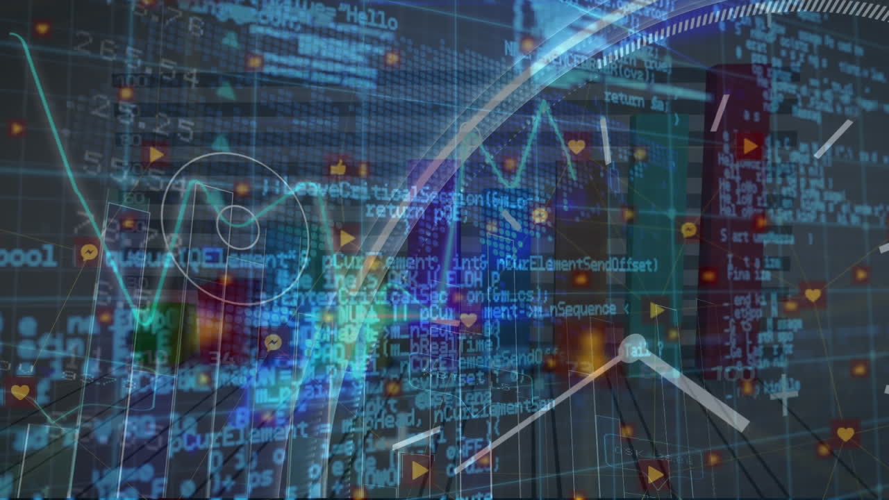 Animation of statistics and financial data processing over clock moving fast