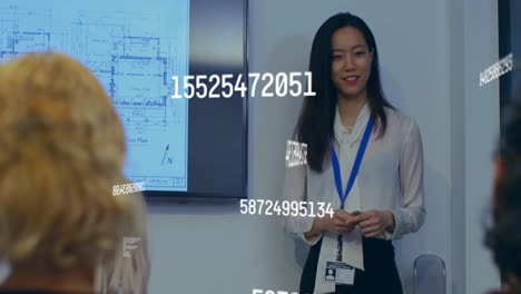 animation of numbers processing over diverse business people in office