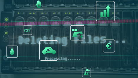 animation of eco icons and data processing over computer servers