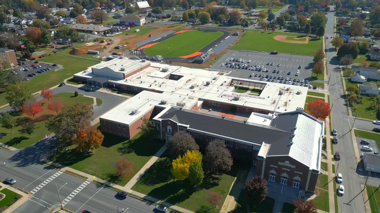 Aerial drone video of a school campus