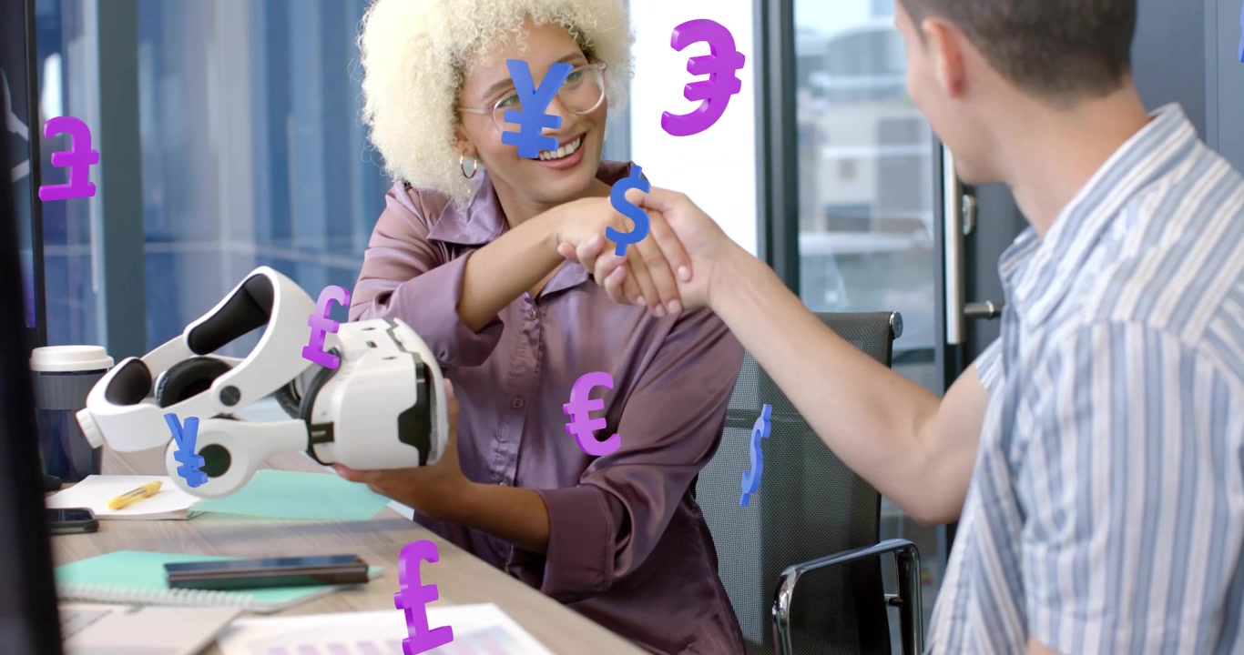 Woman designer picking up VR headset and sealing deal with colleague as currency symbols floating