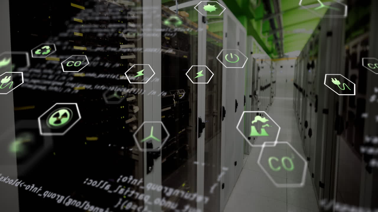 animación de procesamiento de datos y iconos de ecología sobre la sala del servidor