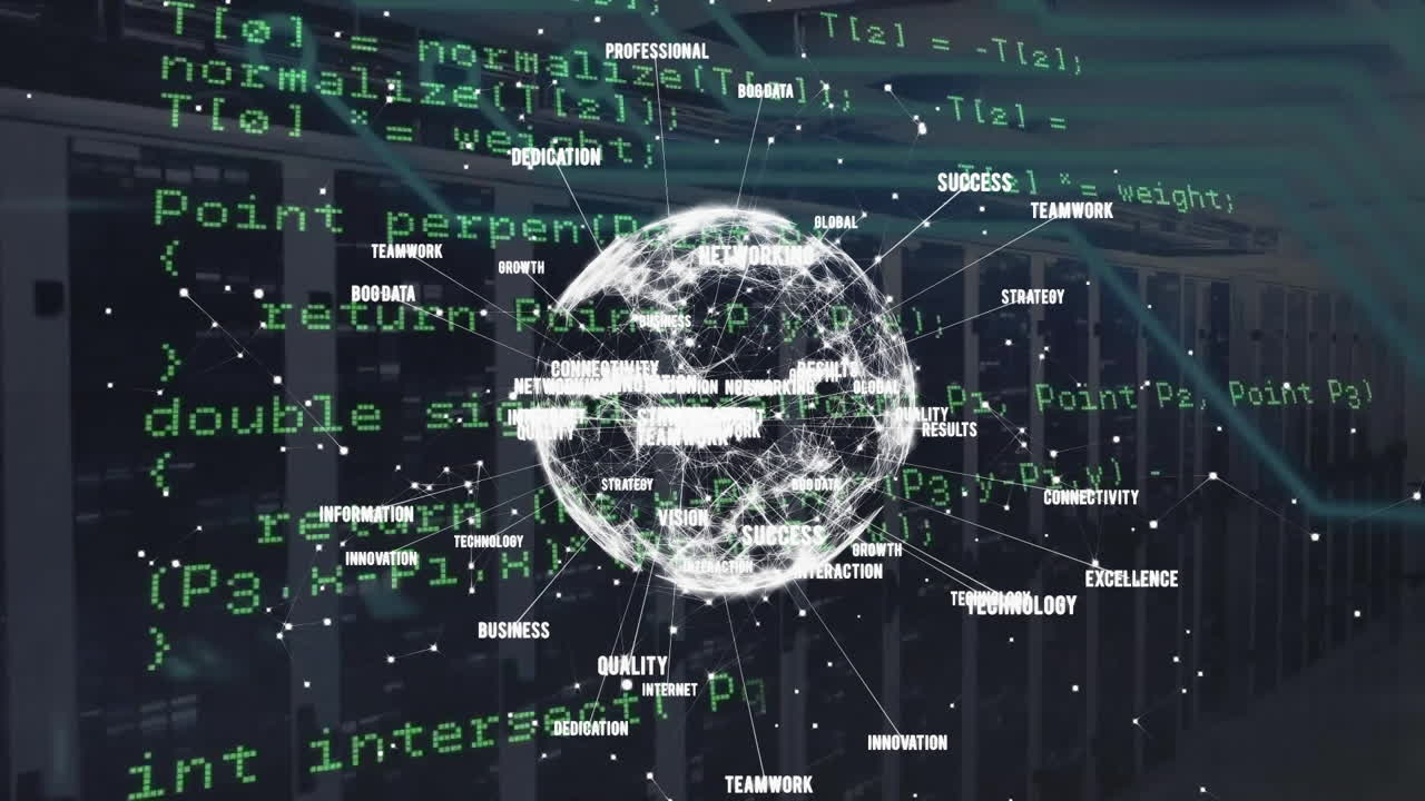 animação do processamento de dados financeiros através de uma rede de conexões com globo e servidores