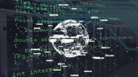animation of financial data processing over network of connections with globe and servers