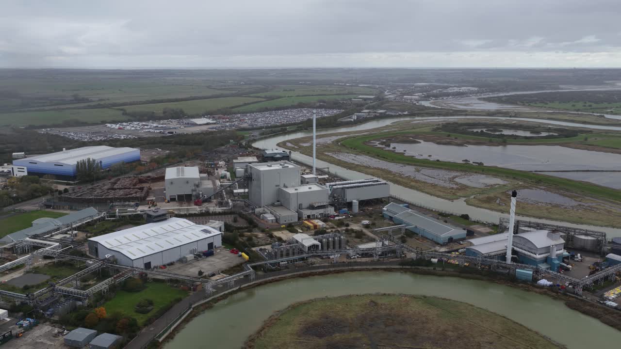 Energy recovery plant, waste to energy facility in Kent, High temperature incinerator, United Kingdom. Aerial video