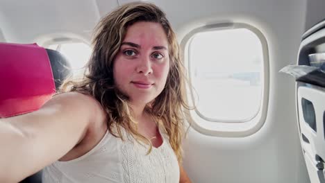 young woman on airplane, smiling with enthusiasm for trip