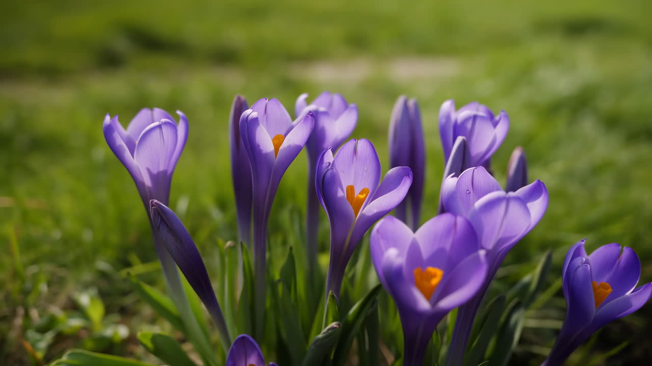 Primo piano di fiori di croco viola che sbocciano in primavera