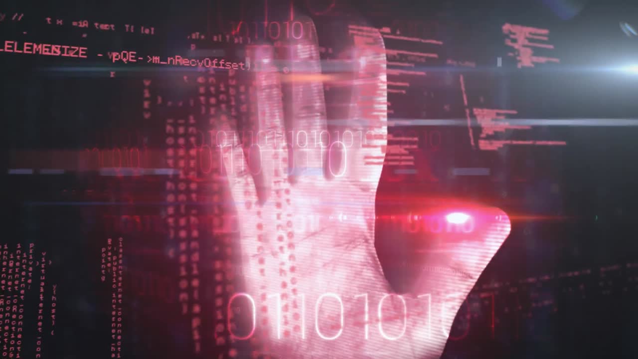 procesamiento de datos de codificación binaria sobre mano humana en fondo negro