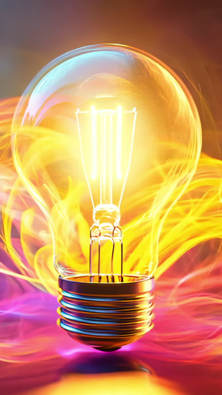A light bulb is lit up in a colorful background. The light bulb is the main focus of the image, and the colors of the background create a vibrant and energetic mood