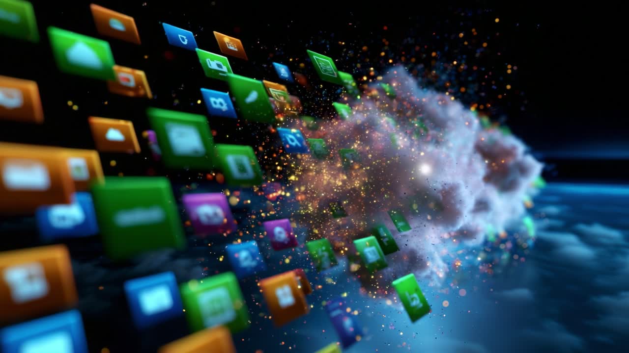 A Dynamic Flow of Colorful App Icons Explodes Through a Cosmic Background, Representing the Digital Age and the Endless Possibilities of Technology in a Stunning Visual Display