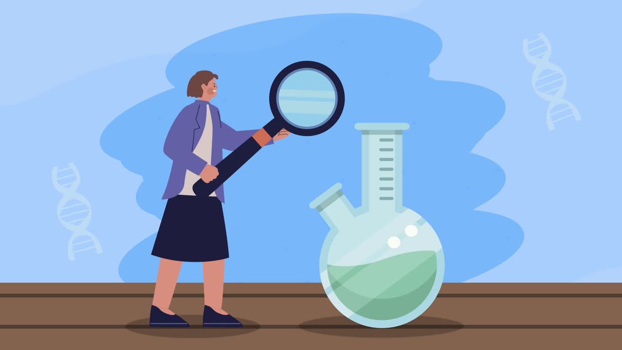 female scientist with magnifying glass and tube test