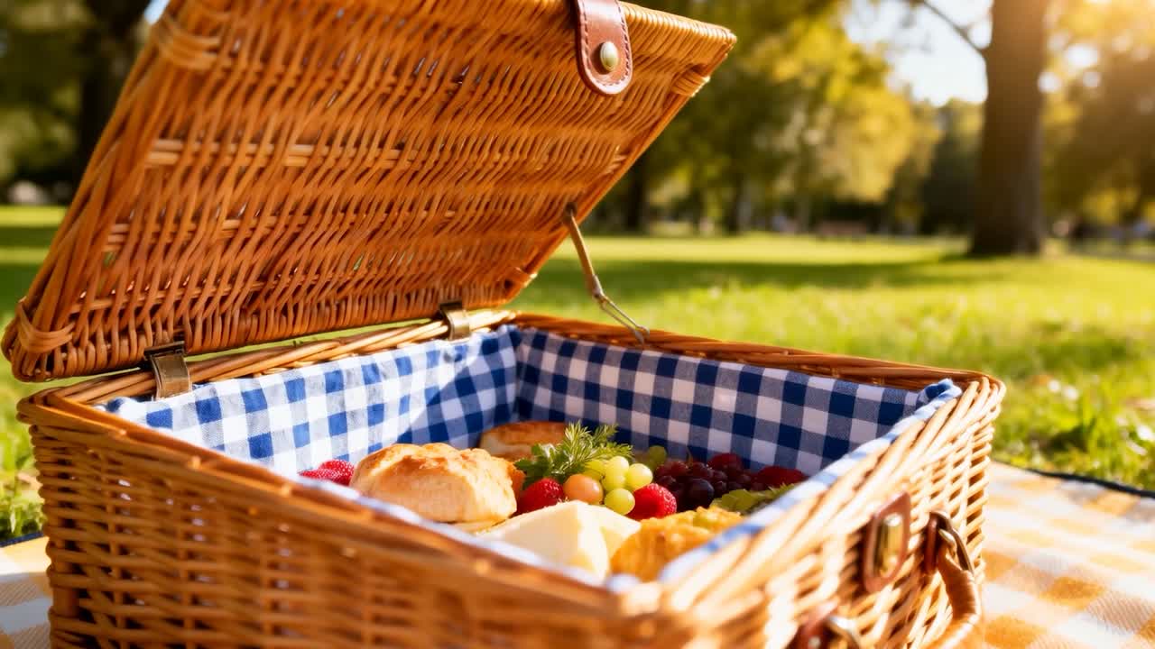 Cesto da picnic in vimini che si chiude dopo aver spostato gli oggetti di scena, abbassando il coperchio con cinturino in pelle al parco per proteggere il cibo