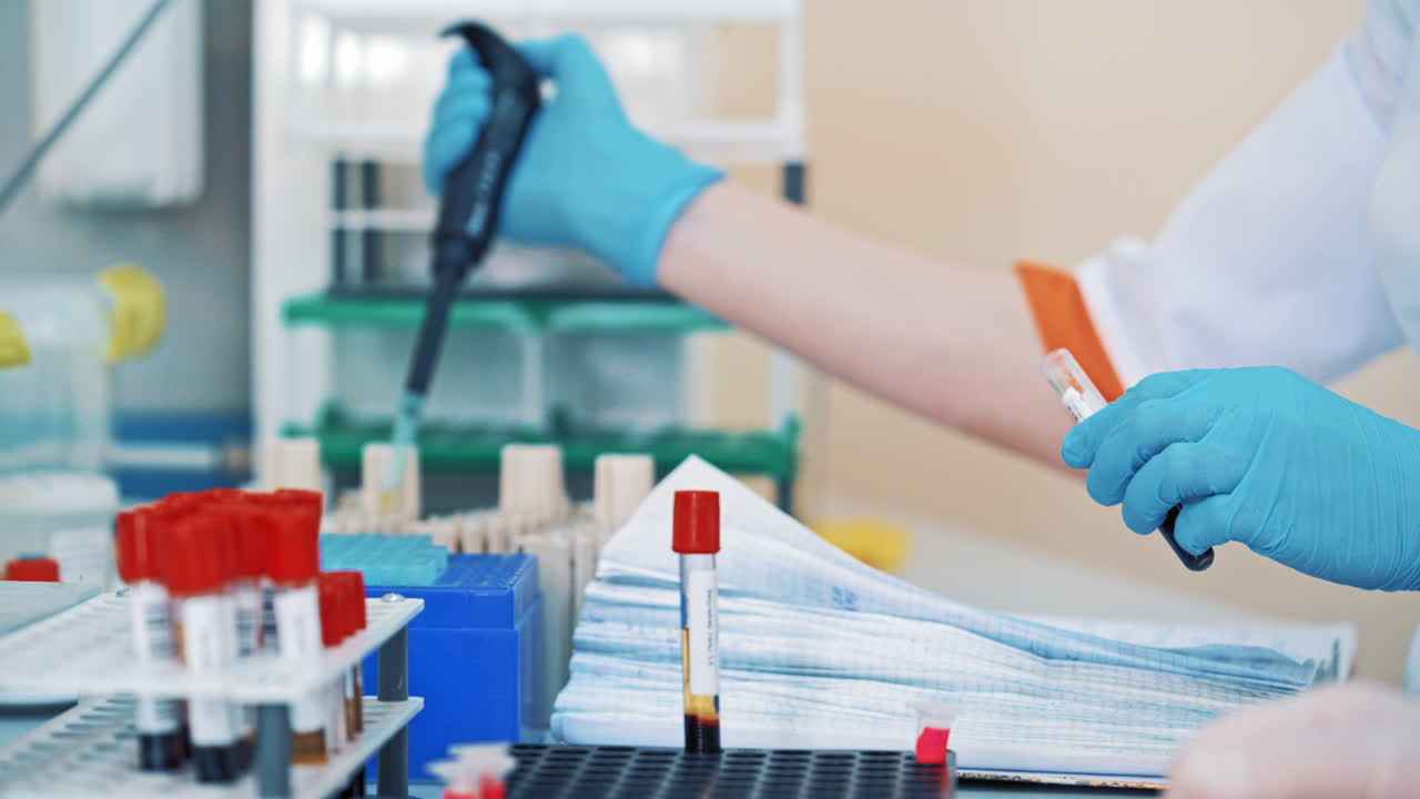 Medical nurse in blue protective gloves uses laboratory equipment in clinic. Hands of a laboratory technician are working with samples in tubes on a table.