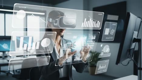 a professional woman engaged in virtual reality, interacting with futuristic data visualization and analytics in a modern office environment