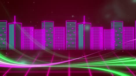 Animation-of-pink-cityscape-over-pink-grid-moving-in-seamless-loop