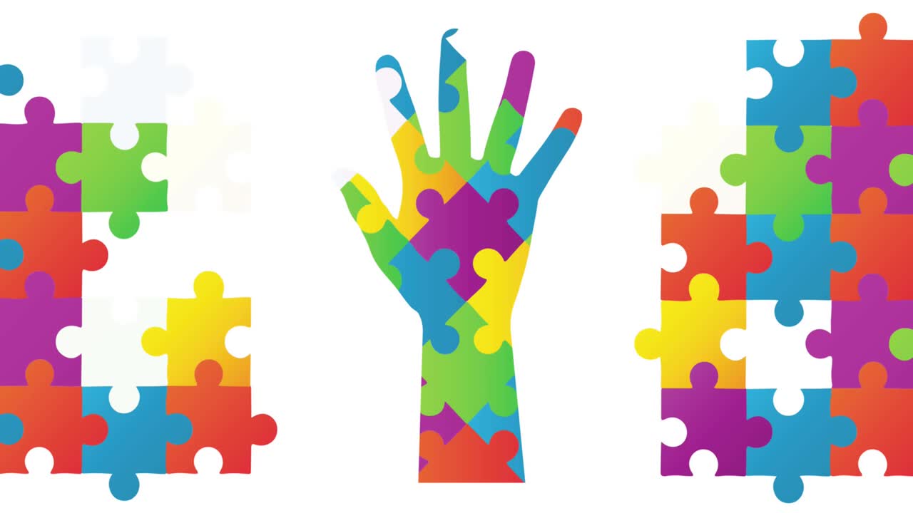 Animation of autism colourful puzzle pieces forming hand on white background