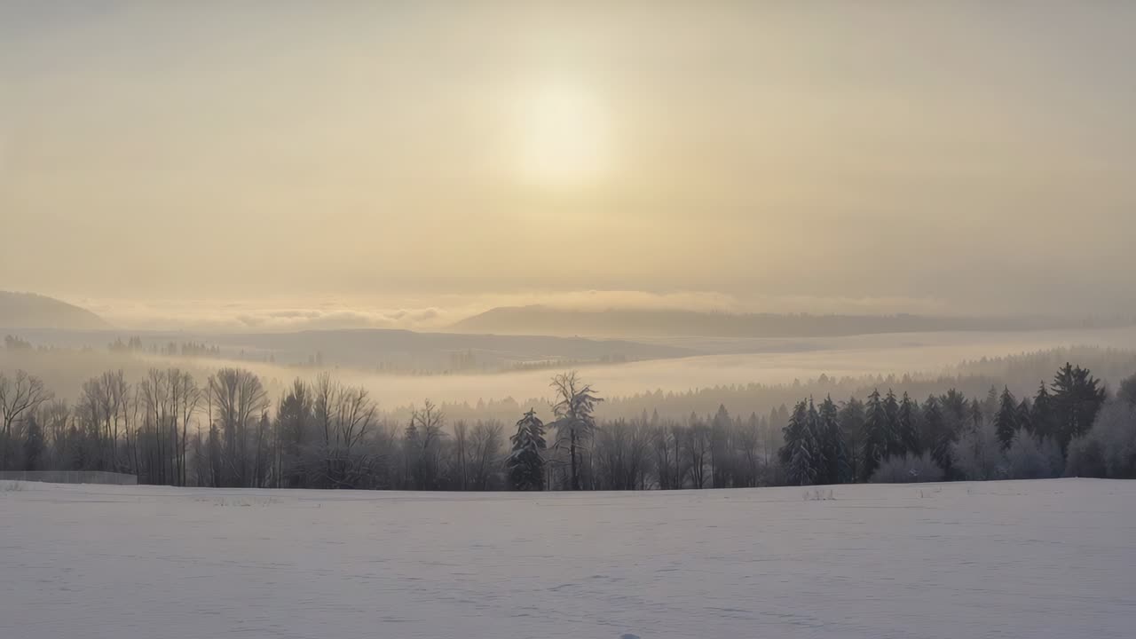 Brightening under rising sun, snow-covered field and treeline warming foggy valley, mist thinning
