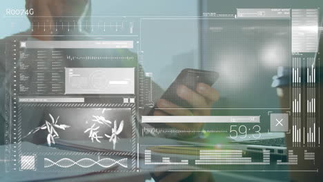 animation of data processing over woman using laptop
