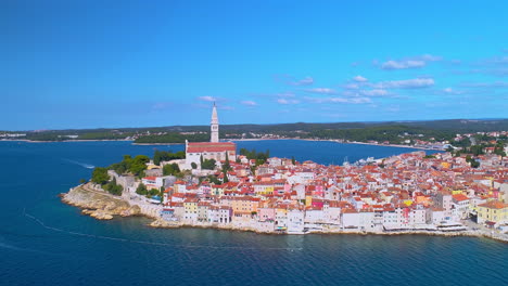 rovinj, croatia aerial shot heading north towards town centre