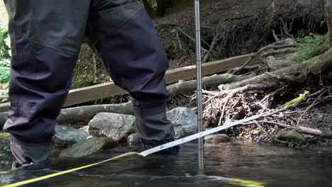 a scientist measures the flow of a swiss river using a probe and a meter